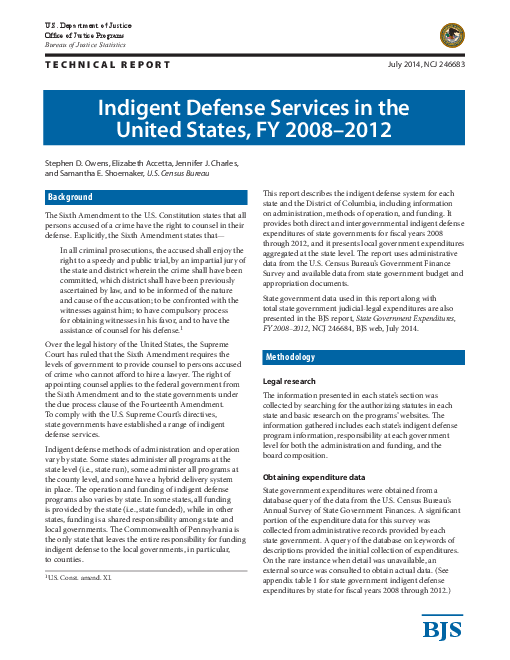미국의 국선변호, 2008-2012 회계연도 (Indigent Defense Services in the United States, FY 2008-2012)