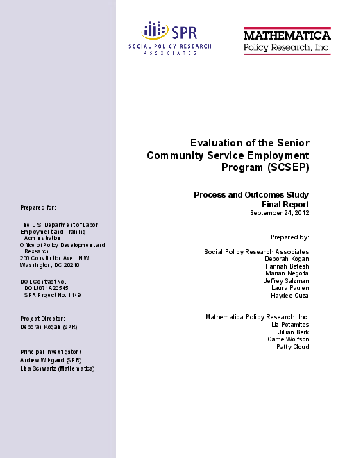 고령자 지역사회 서비스 고용 프로그램(SCSEP) 평가: 과정과 성과 연구 최종 보고서 (Evaluation of the Senior Community Service Employment Program (SCSEP): Process and Outcomes Study Final Report)