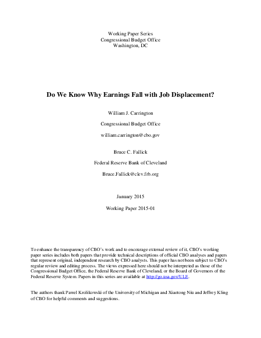 일자리 전환과 소득 감소에 관한 연구보고서 : 2015-01 (Do We Know Why Earnings Fall with Job Displacement? Working Paper: 2015-01)
