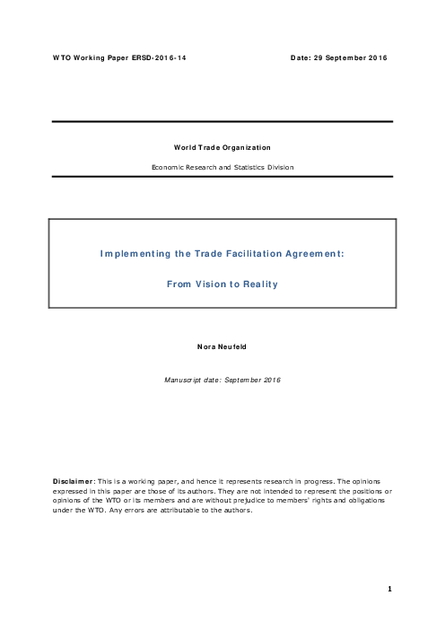 무역원활화협정의 실행 : 목표에서 현실까지 (Implementing the Trade Facilitation Agreement: From Vision to Reality) 