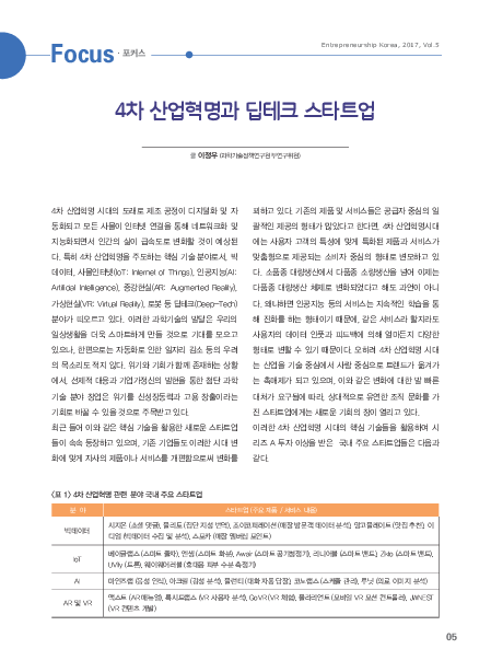 4차 산업혁명과 딥테크 스타트업 : Entrepreneurship Korea, 2017, Vol.5