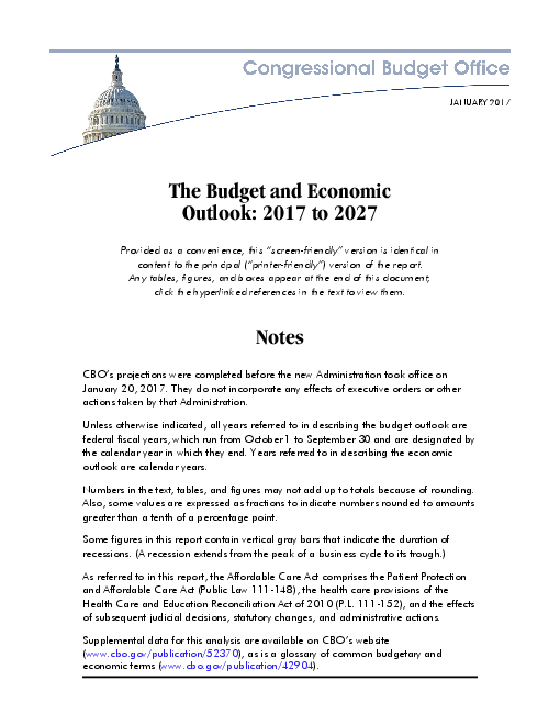 예산 및 경제전망 : 2017년부터 2027년까지 (The Budget and Economic Outlook: 2017 to 2027)