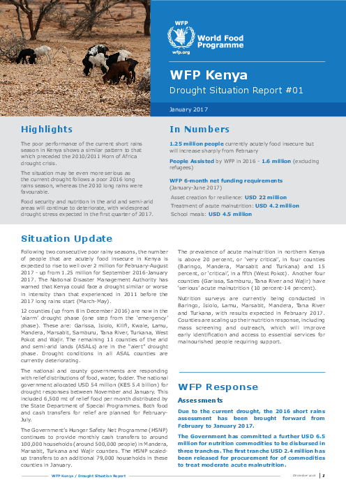 유엔세계식량계획 (WFP) 케냐 가뭄 현황 보고서 제1호, 2017년 1월 (WFP Kenya Drought Situation Report #01 January 2017)