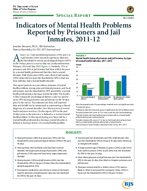 교도소 및 구치소 수감자들이 보고한 정신 건강 문제 지표, 2011-2012년 (Indicators of mental health problems reported by prisoners and jail inmates, 2011-2012)