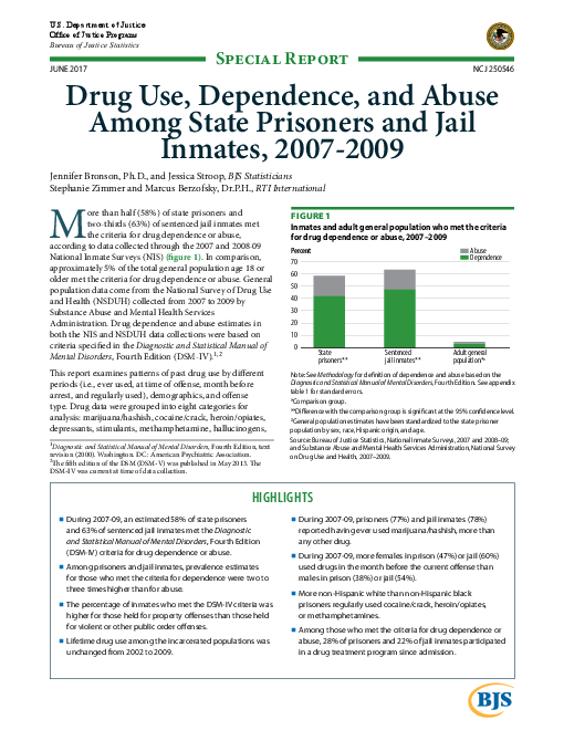 교도소 수감자들의 마약 복용, 의존 및 학대, 2007-09년 (Drug use, dependence, and abuse among state prisoners and jail inmates, 2007-2009)