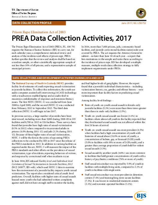 감옥강간방지법(PREA) 데이터 수집 활동, 2017년 : 2003 감옥강간방지법 (PREA data collection activities, 2017: Prison Rape Elimination Act of 2003)