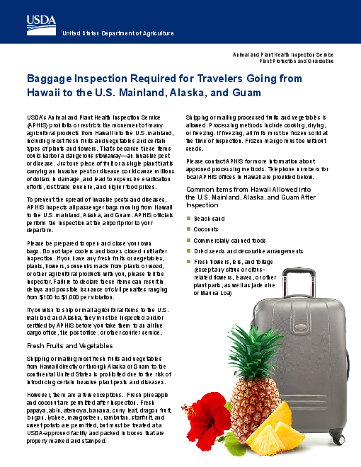 하와이 주에서 미국 본토와 알래스카 주, 괌으로 가는 여행자의 수화물 검사 필요성 (Baggage inspection required for travelers going from Hawaii to the U.S. Mainland, Alaska, and Guam)
