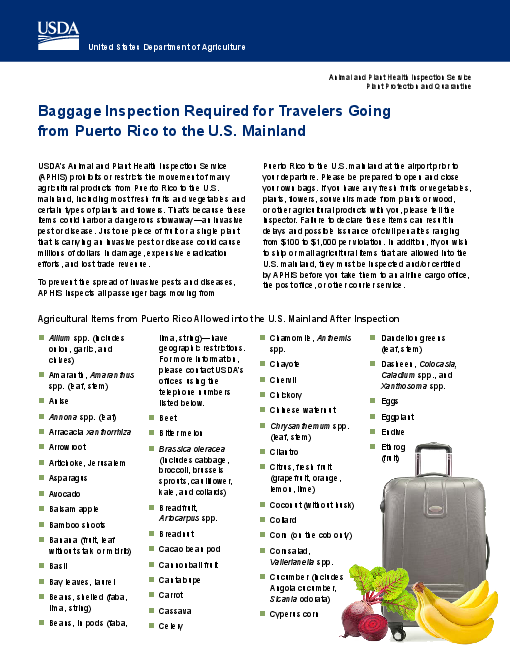 푸에르토리코에서 미국 본토로 가는 여행자는 수화물 검사 필요 (Baggage inspection required for travelers going from Puerto Rico to the U.S. Mainland)