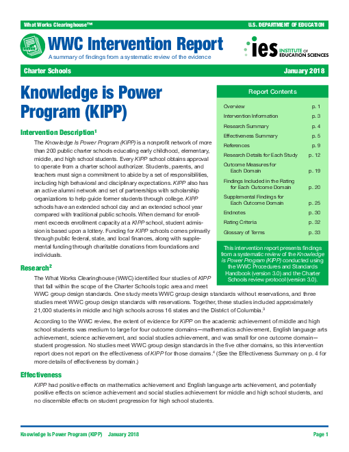 WWC 보고서 : KIPP 연구 결과 (WWC Intervention Report: Knowledge is Power Program (KIPP))