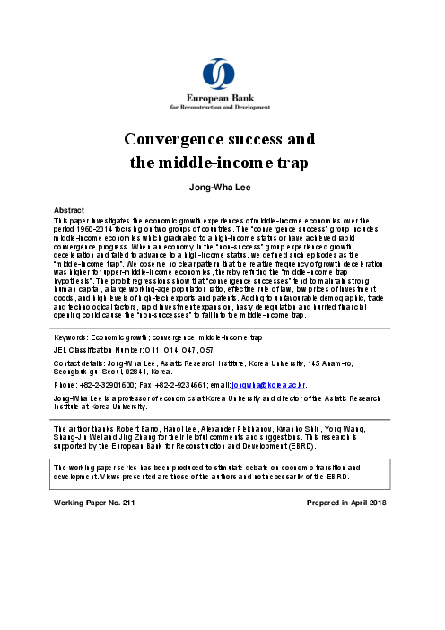 개발도상국의 선진국으로의 성장 및 중진국의 덫 (Convergence success and the middle-income trap)