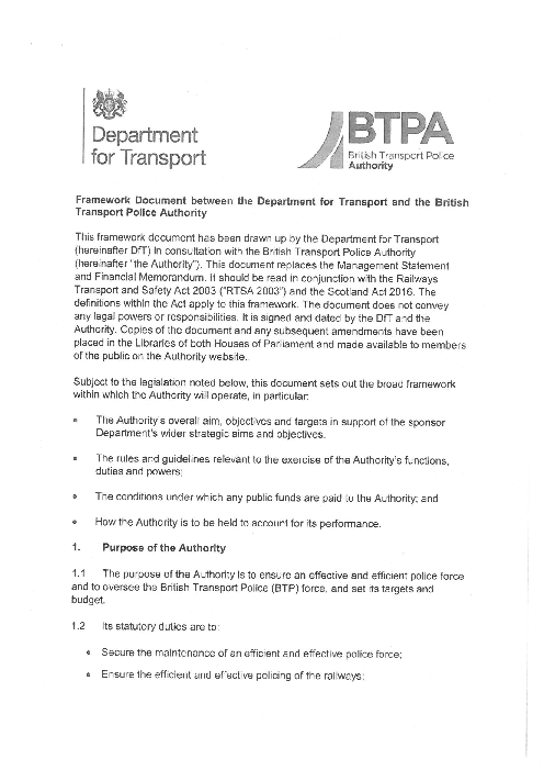 영국 교통부(DfT)와 교통경찰대 간 기초문서 (Framework Document between the Department for Transport and the British Transport Police Authority)