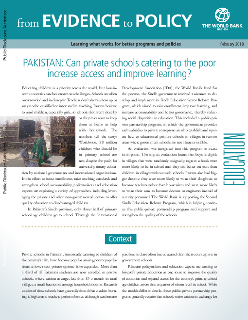 파키스탄 : 사립학교의 빈곤아동 급식이 교육 접근성 및 학습 능력 개선에 미치는 효과  (Pakistan : Can Private Schools Catering to the Poor Increase Access and Improve Learning?)