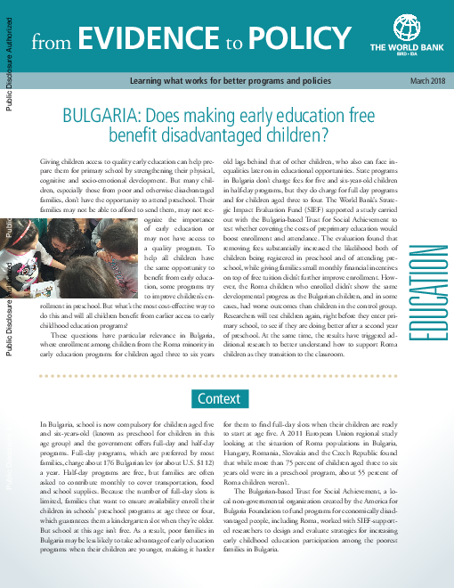 불가리아 : 조기 교육 자율화가 취약계층 아동에게 미치는 효익 평가 (Bulgaria: Does Making Early Education Free Benefit Disadvantaged Children?)