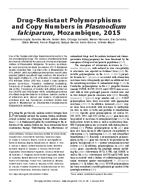 2015년 모잠비크 열대열원충의 내성 다형성 및 복제 수 (Drug-Resistant Polymorphisms and Copy Numbers in Plasmodium falciparum, Mozambique, 2015)