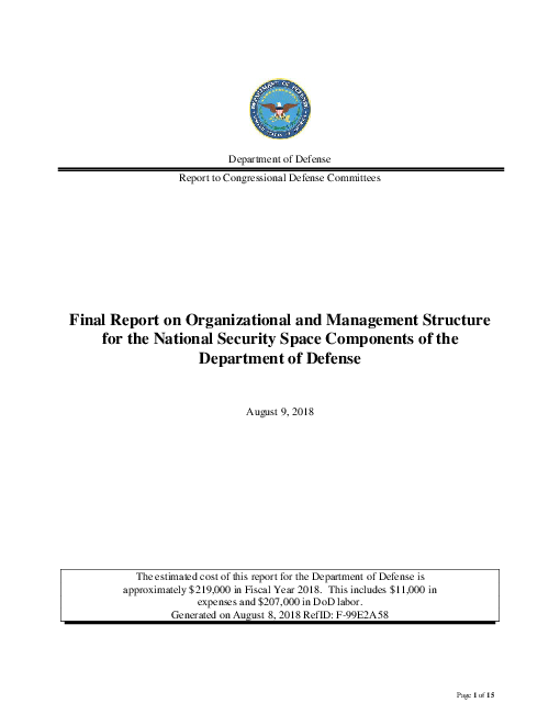 국방부 국가우주안보 조직 및 관리 구조에 관한 최종 보고서 (Final Report on Organizational and Management Structure for the National Security Space Components of the Department of Defense)(2018)