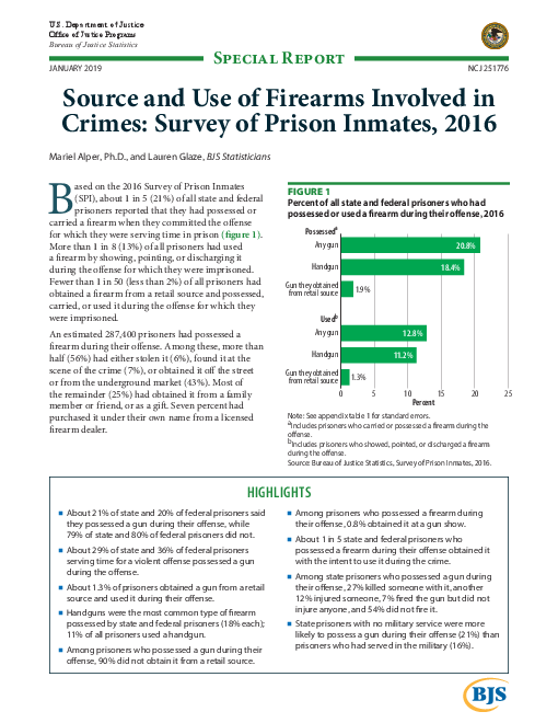 범죄에 관련된 화기 출처 및 사용 : 재소자 설문조사, 2016 (Source and Use of Firearms Involved in Crimes: Survey of Prison Inmates, 2016)