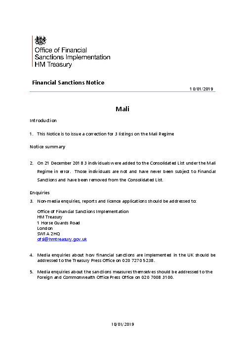 금융제재 공지 - 말리 (Financial Sanctions Notice, Mali)