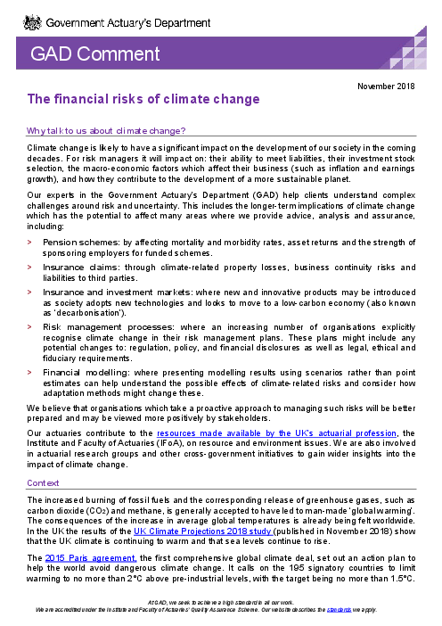 영국 정부보험계리부 : 기후 변화의 금융 위험 (GAD comment : The financial risks of climate change)