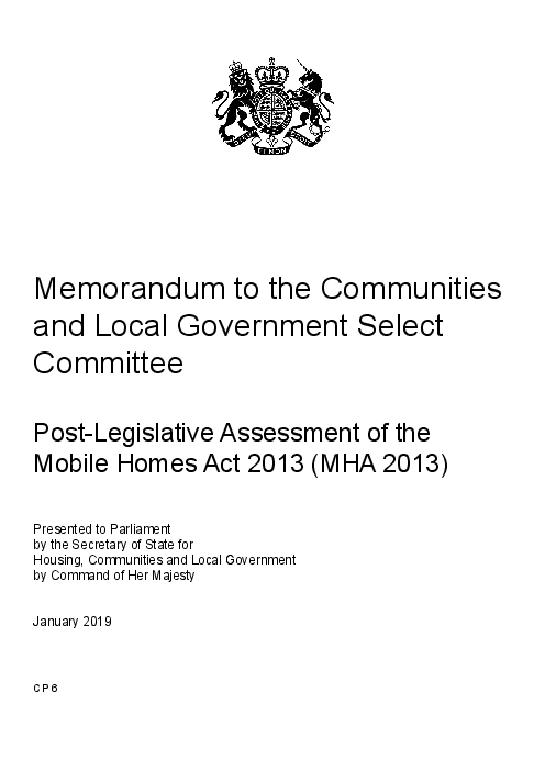 지역사회 및 지방정부 선출 위원회 제안서 : 이동 주택법 2013 입법 후 평가 (Memorandum to the Communities and Local Government Select Committee: Post-Legislative Assessment of the Mobile Homes Act 2013 (MHA 2013))