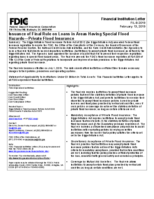 특별 홍수 위험 지역의 대출에 관한 최종 규정 발표 : 민간 홍수 보험 (Issuance of Final Rule on Loans in Areas Having Special Flood Hazards: Private Flood Insurance)
