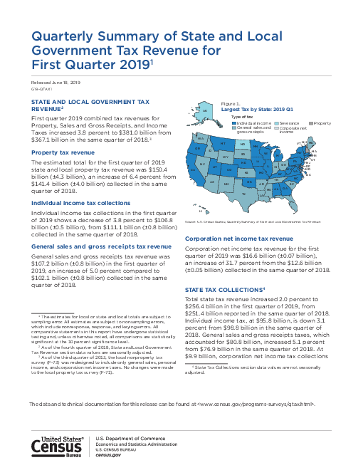 미국 주 정부 및 지방 정부 세수 요약 : 2018년 1분기 (Quarterly Summary of State and Local Government Tax Revenue: First Quarter 2019)