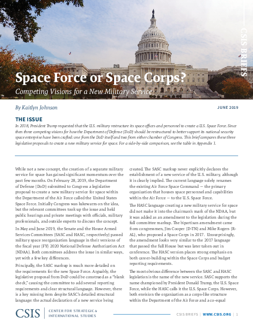 우주군 또는 우주대 : 신규 병역에 대한 경쟁적 비전 (Space Force or Space Corps?: Competing Visions for a New Military Service)(2019)