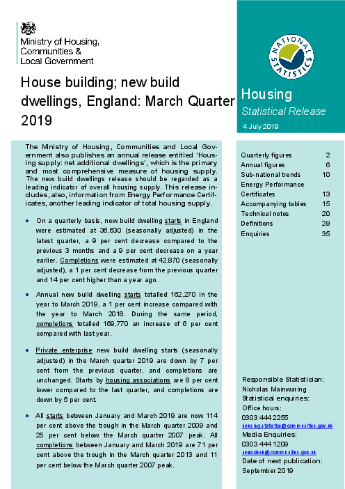 주택 건축 : 영국 신규 주택 - 2019년 3월 (House building; new build dwellings, England: March Quarter 2019)