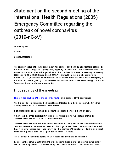 국제보건규약(2005)에 따른 제2차 신종 코로나바이러스(2019-nCoV) 발병 관련 긴급위원회 회의 성명서 (Statement on the second meeting of the International Health Regulations (2005) Emergency Committee regarding the outbreak of novel coronavirus (2019-nCoV))