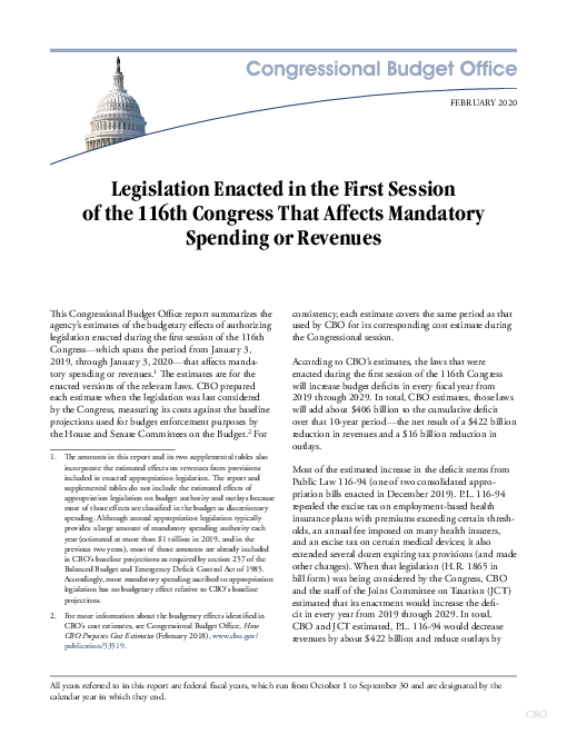 의무 지출이나 수익에 영향을 미치는 116대 의회의 제1회기 제정법 (Legislation Enacted in the First Session of the 116th Congress That Affects Mandatory Spending or Revenues)