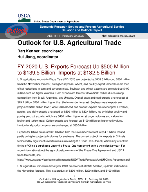 미국 농업 무역 전망 : 2020년 2월 (Outlook for U.S. Agricultural Trade, February 2020)