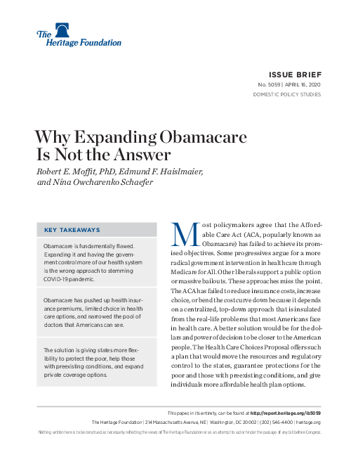 코로나바이러스감염증-19 유행 억제를 위해 오바마케어를 확대하는 것이 답이 아닌 이유 (Why Expanding Obamacare Is Not the Answer)