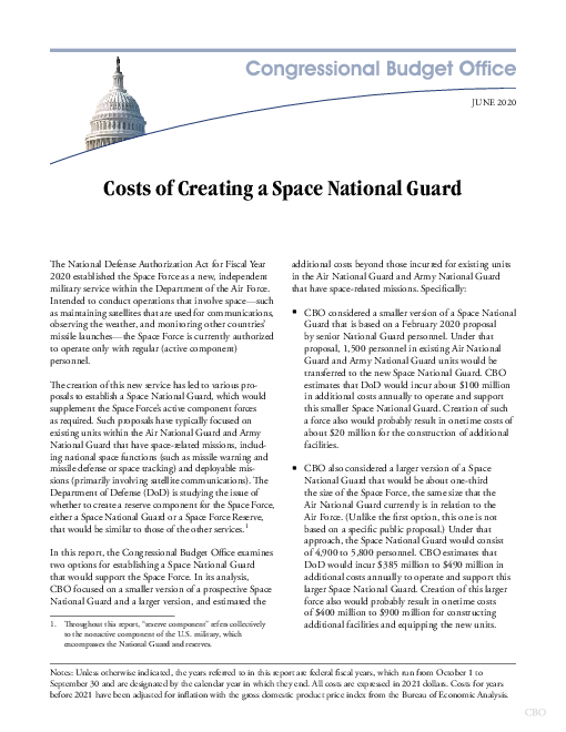 우주 주방위군 창설 비용 (Costs of Creating a Space National Guard)(2020)