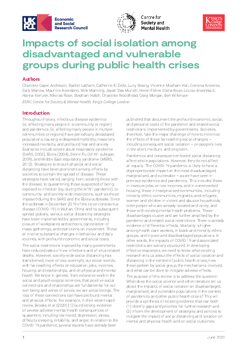 공중 보건 위기 : 사회적 고립이 소외된 취약한 그룹에 미치는 영향 (Impacts of social isolation among disadvantaged and vulnerable groups during public health crises)(2020)