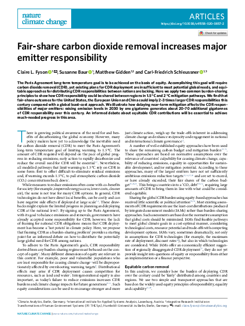 주요 배출국의 책임을 증가시키는 공정한 이산화탄소 제거 (Fair-share carbon dioxide removal increases major emitter responsibility)