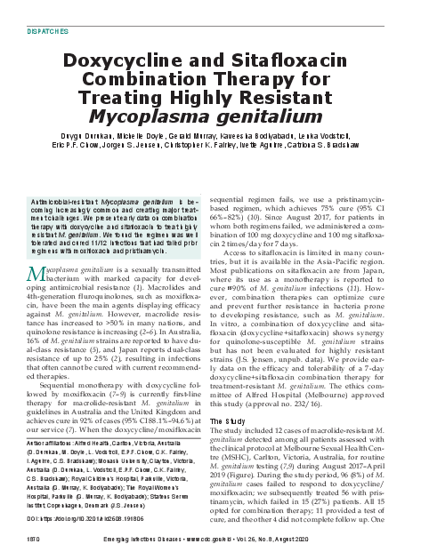 내성이 강한 마이코플라즈마 제니탈리움 치료를 위한 독시사이클린과 시타플록사신 복합 치료법  (Doxycycline and Sitafloxacin Combination Therapy for Treating Highly Resistant Mycoplasma genitalium)