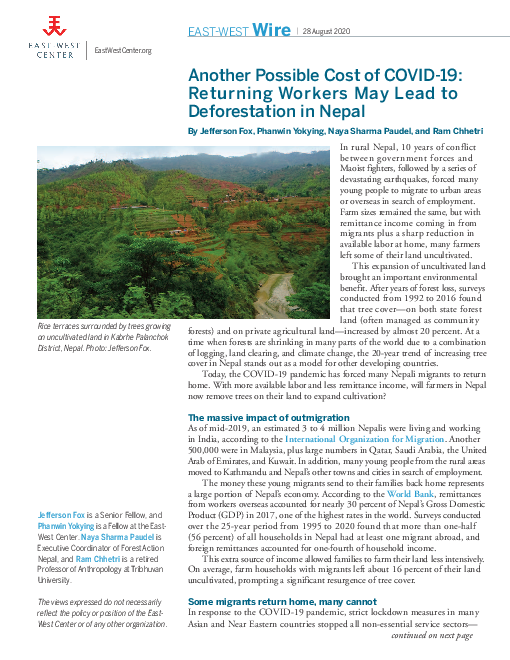 코로나바이러스감염증-19(COVID-19)의 또 다른 비용 : 이주 근로자 귀국으로 인한 네팔 산림 벌채 가능성 (Another Possible Cost of COVID-19: Returning Workers May Lead to Deforestation in Nepal)