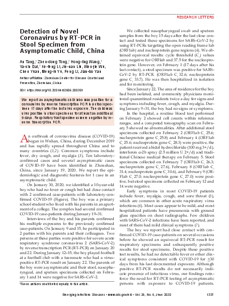 중국 무증상 감염 아동의 대변 검체에서 신종 코로나바이러스 검출 (Detection of Novel Coronavirus by RT-PCR in Stool Specimen from Asymptomatic Child, China)