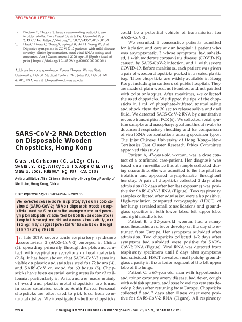 일회용 나무 젓가락에서 사스코로나바이러스-2(SARS-CoV-2) 검출 : 홍콩 사례 (SARS-CoV-2 RNA Detection on Disposable Wooden Chopsticks, Hong Kong)
