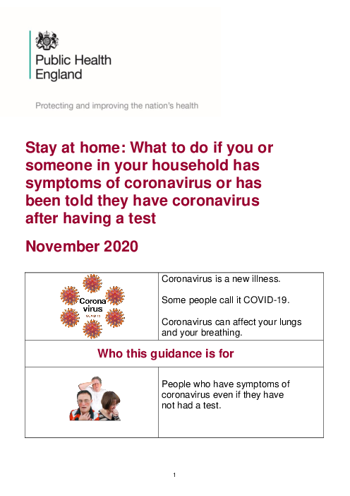 자가 격리 : 가족 구성원이 코로나바이러스감염증-19(COVID-19) 증상을 보이거나 확진 판결을 받은 후 행동 (Stay at home: What to do if you or someone in your household has symptoms of coronavirus or has been told they have coronavirus after having a test)