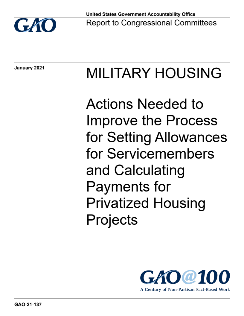 군관사 - 현역 군인 주택수당 설정 절차 및 민간주택사업 지급 정산 방안 개선 조치 필요 (Military Housing: Actions Needed to Improve the Process for Setting Allowances for Servicemembers and Calculating Payments for Privatized Housing Projects)