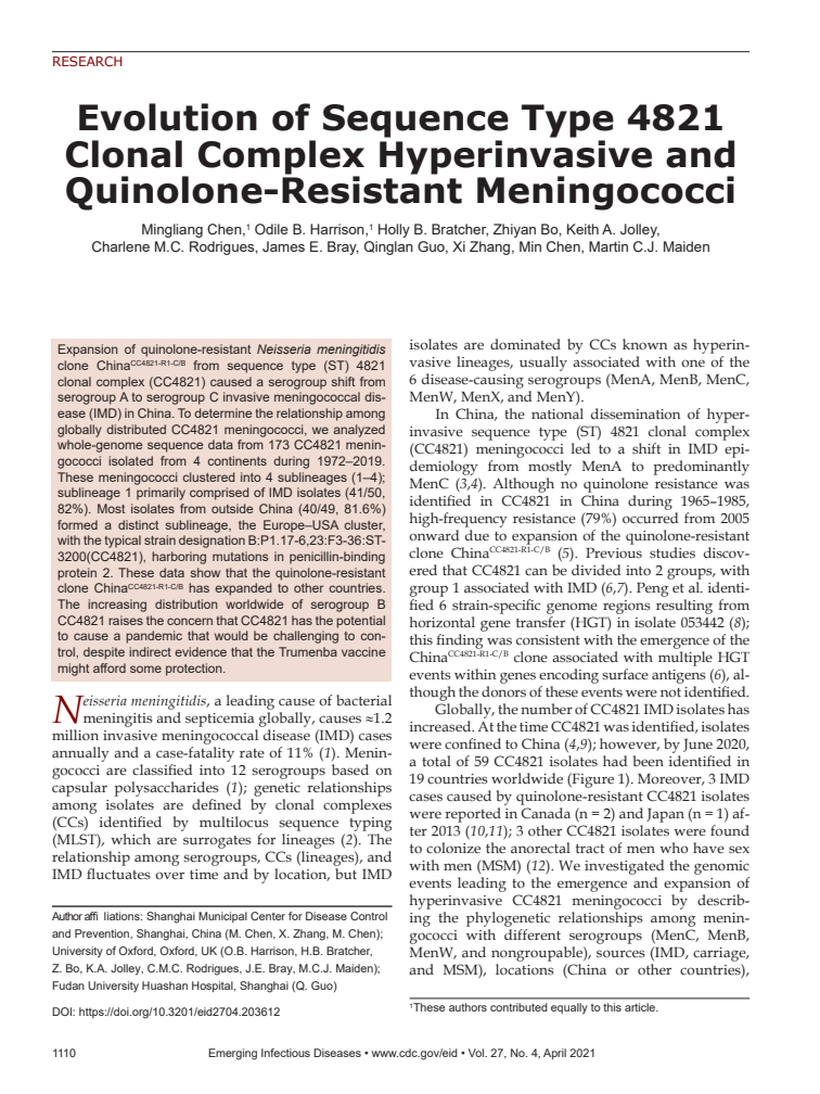 과침습성, 퀴놀론 내성 수막구균 서열형 4821 클론복합체의 진화 (Evolution of Sequence Type 4821 Clonal Complex Hyperinvasive and Quinolone-Resistant Meningococci)
