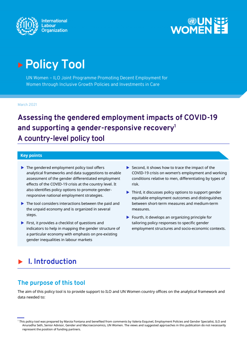 코로나19의 성별 고용 영향 평가 및 성 인지 회복 지원 : 국가 차원의 정책 도구 (Assessing the gendered employment impacts of COVID-19 and supporting a gender-responsive recovery: A country-level policy tool)
