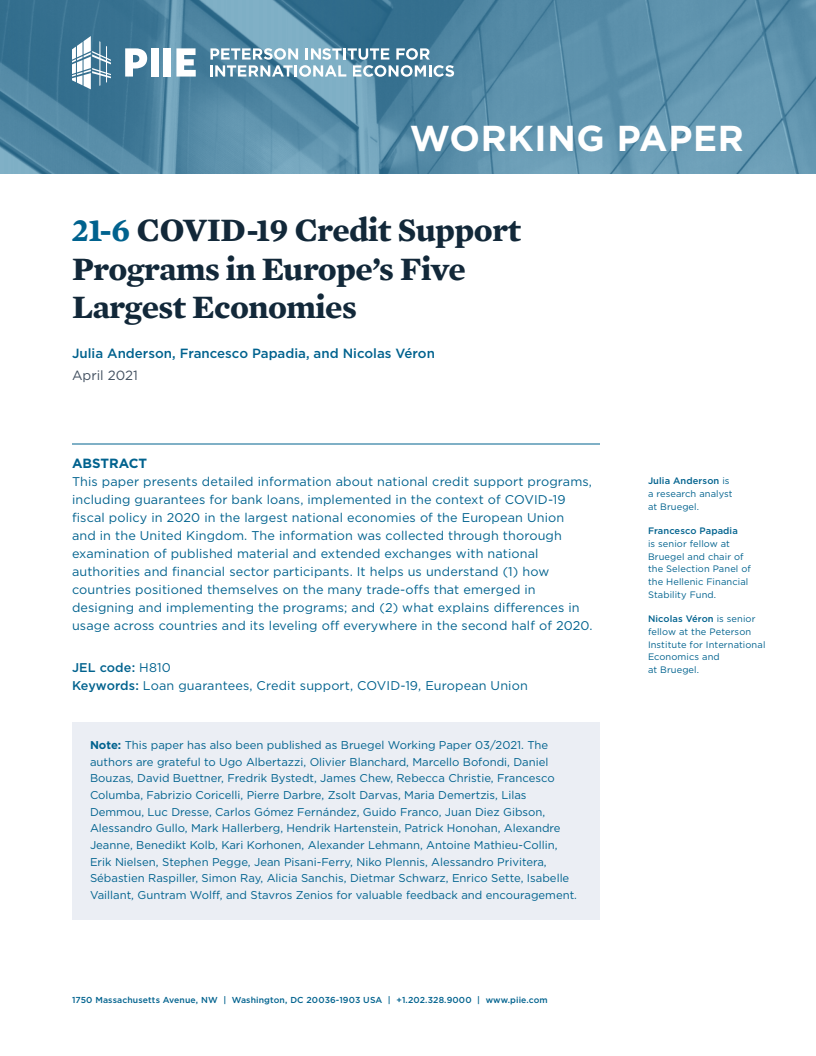 유럽 5대 경제국의 코로나19 신용 지원 프로그램 (COVID-19 credit support programs in Europe’s five largest economies)(2021)