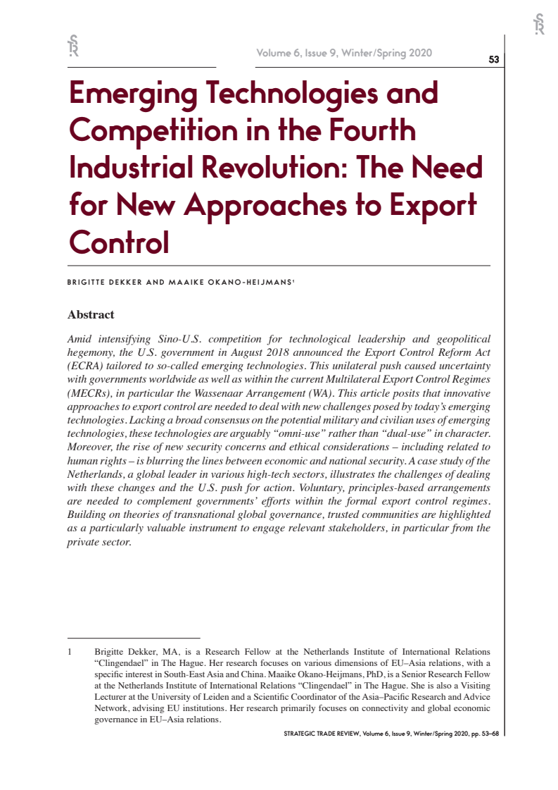 4차산업혁명 시대의 신기술과 경쟁 : 새로운 수출통제 방식의 필요성 (Emerging Technologies and Competition in the Fourth Industrial Revolution: The Need for New Approaches to Export Control)