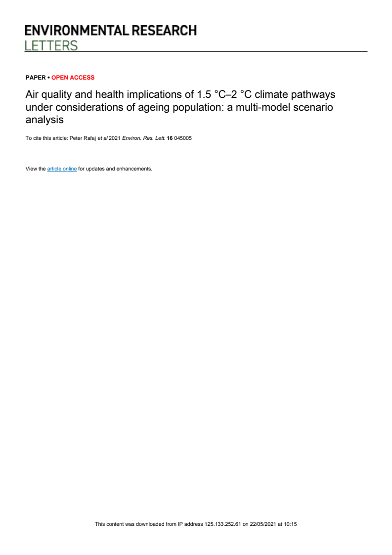 인구 고령화를 고려한 1.5 °C–2 °C 기후 경로가 대기 질과 건강에 미치는 영향 : 다중 모델 시나리오 분석 (Air quality and health implications of 1.5 °C–2 °C climate pathways under considerations of ageing population: a multi-model scenario analysis)