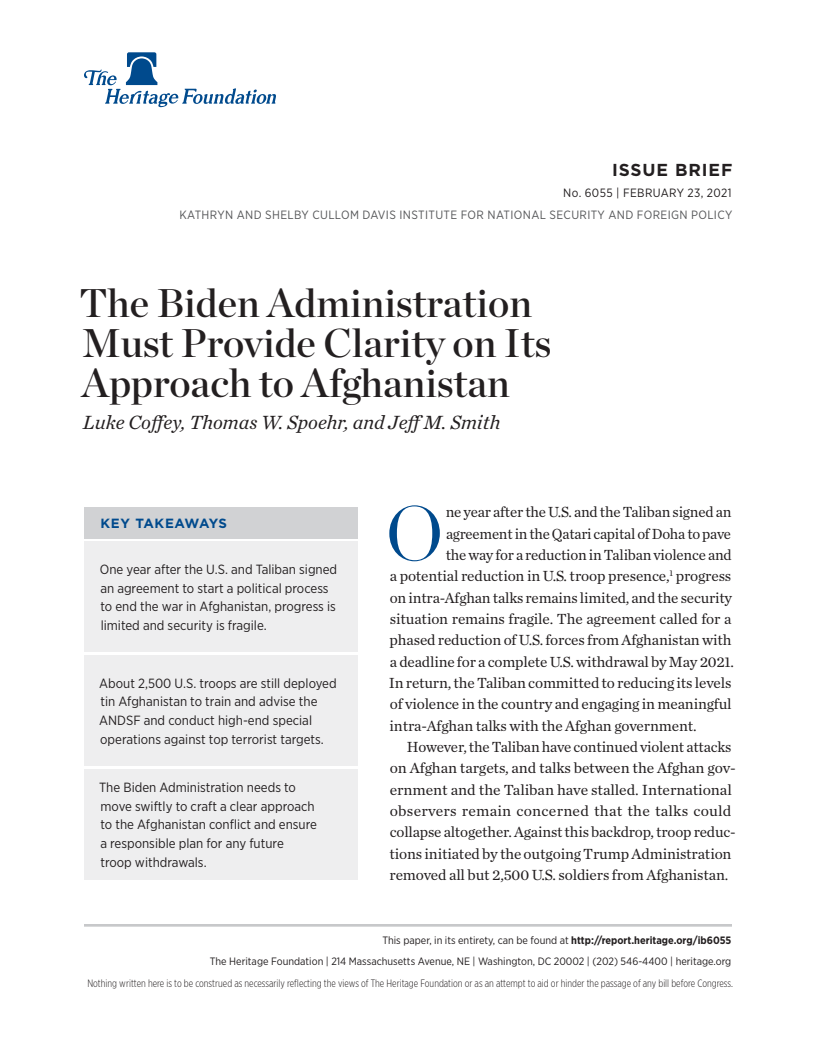 바이든 행정부 하 투명한 대아프가니스탄 접근법의 필요성 (The Biden Administration Must Provide Clarity on Its Approach to Afghanistan)(2021)