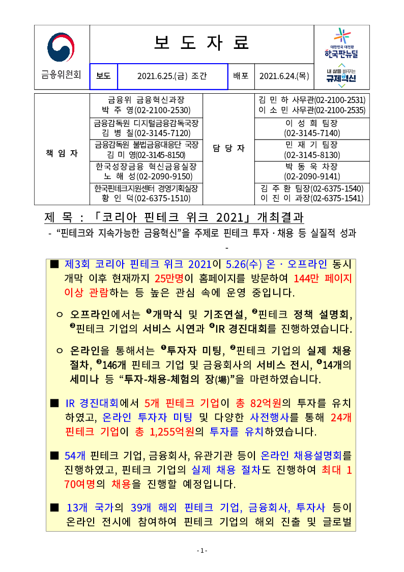 (보도자료) 「코리아 핀테크 위크 2021」개최결과