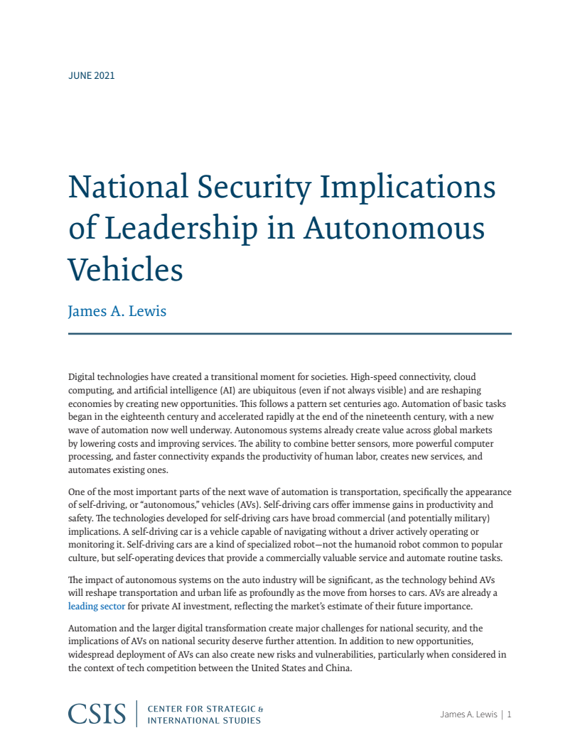 자율주행차량 부문 선도와 국가안보 (National Security Implications of Leadership in Autonomous Vehicles)