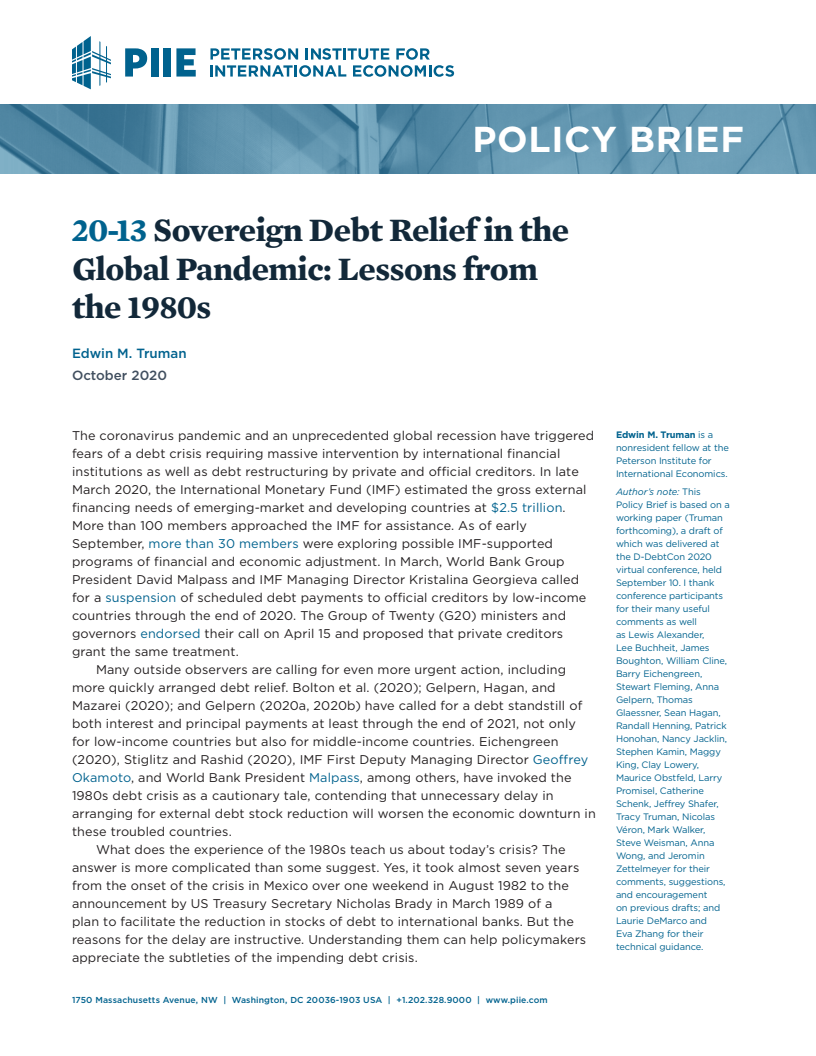 전 세계 코로나19 대유행과 국가채무 구제 : 1980년대의 교훈 (Sovereign debt relief in the global pandemic: Lessons from the 1980s)(2020)