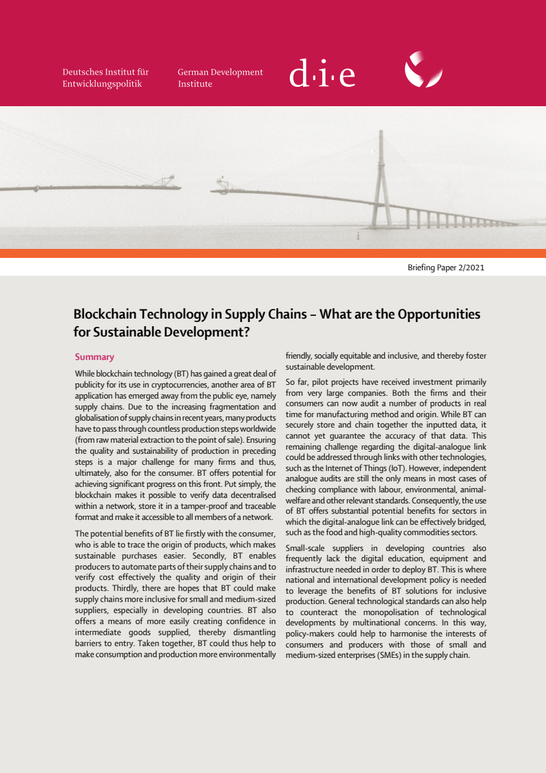 공급사슬의 블록체인 기술(BT) - 지속 가능한 발전을 위한 기회 파악 (Blockchain Technology in Supply Chains – What are the Opportunities for Sustainable Development?)